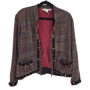 Yak magik Large multicolor plaid tweed open front blazer jacket fringe silk VTG